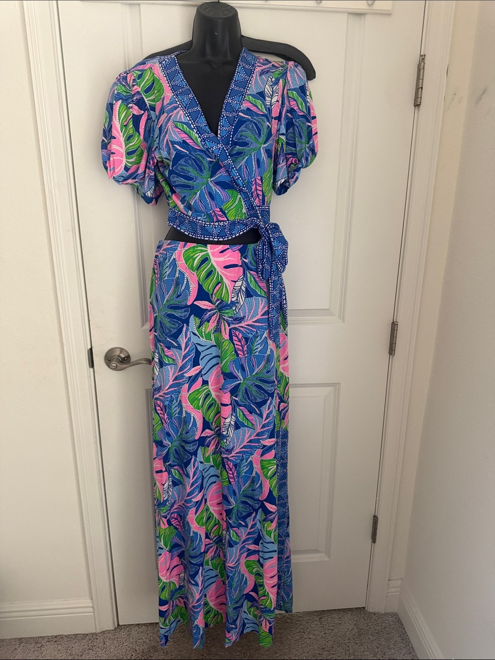 Lilly Pulitzer Blue Tropical Wrap Maxi Jumpsuit with Belt